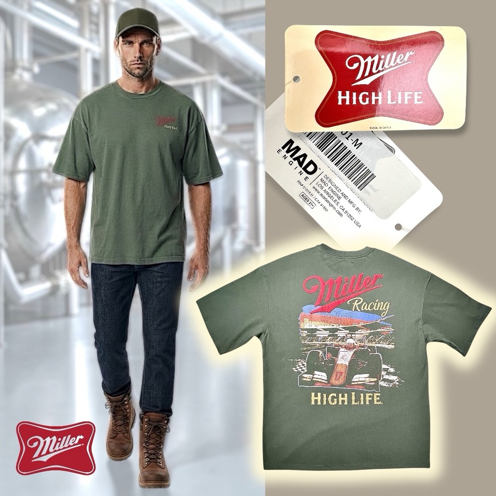 MILLER Racing High Life Men’s Green Large Graphics Short Sleeve T-Shirt Sz M-L